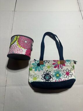 Set of 2 thirty-one Floral Canvas Tote w Matching Accessory Navy, Pink & Teal
